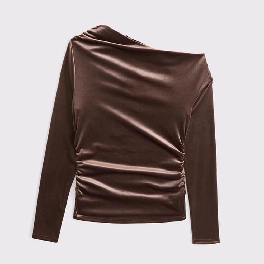 Abercrombie & Fitch Brown Velvet Off the Shoulder Ruched Long Sleeve Top Small - Picture 6 of 7